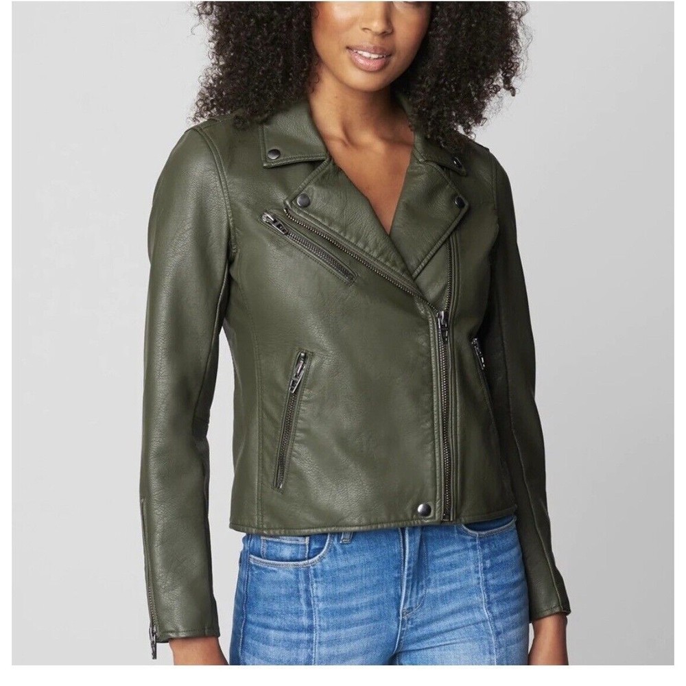 Women's Biker Moto Jacket Dark Green Faux Leather XS hood Reinvented Vintage